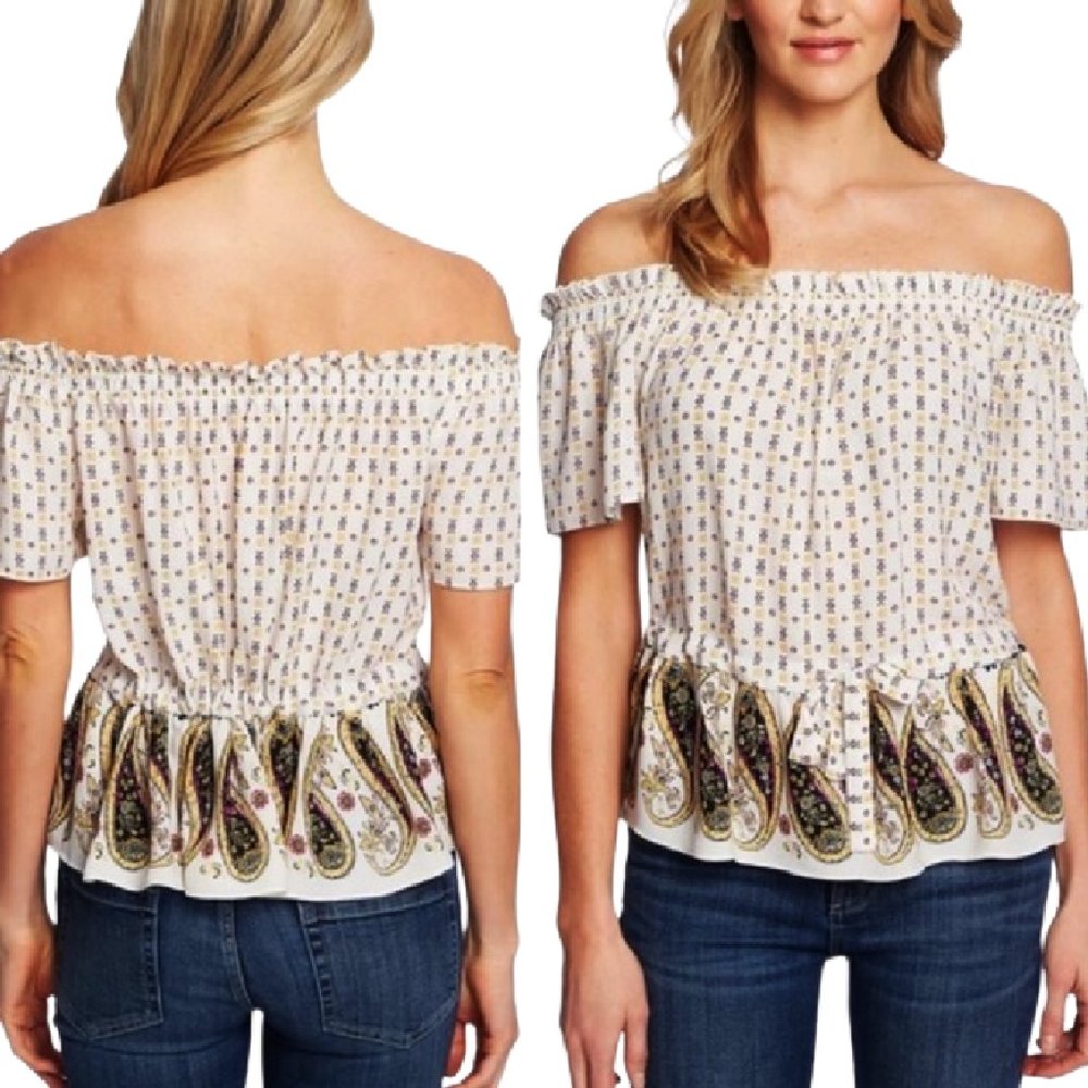 CeCe Off The Shoulder Top Paisley Boho Large NEW